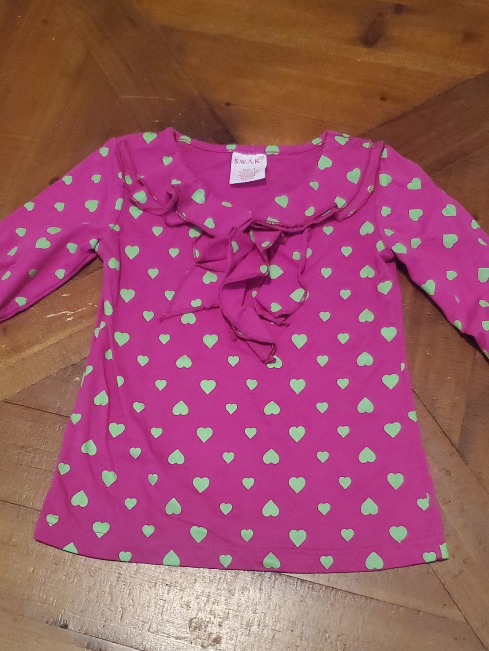 SWAK Fuchsia Long-Sleeve Top with Lime Heart Print and Ruffle